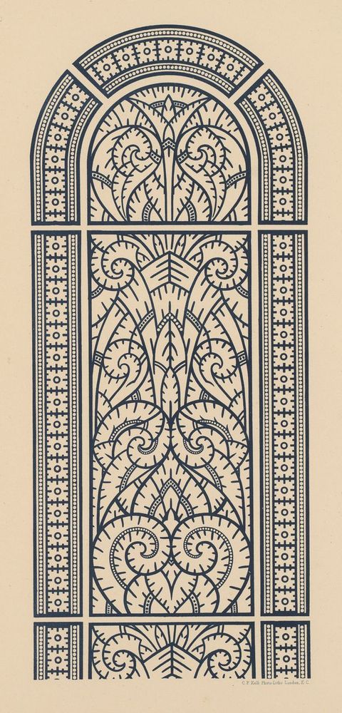 Illustration. An arched window design has spirals and bands lined with short dashes, like frost.